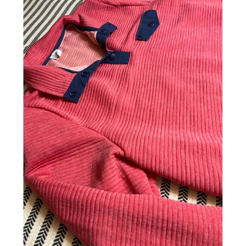 J Crew Textured Snap Neck Pullover Fleece Coral Navy Blue Size L - Picture 5 of 5